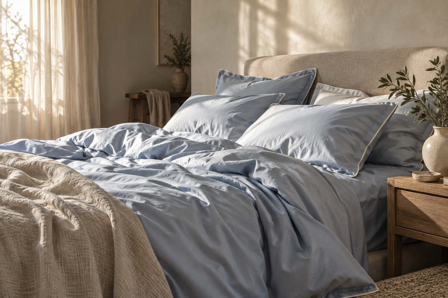 Powder blue bedding in a sunlit bedroom